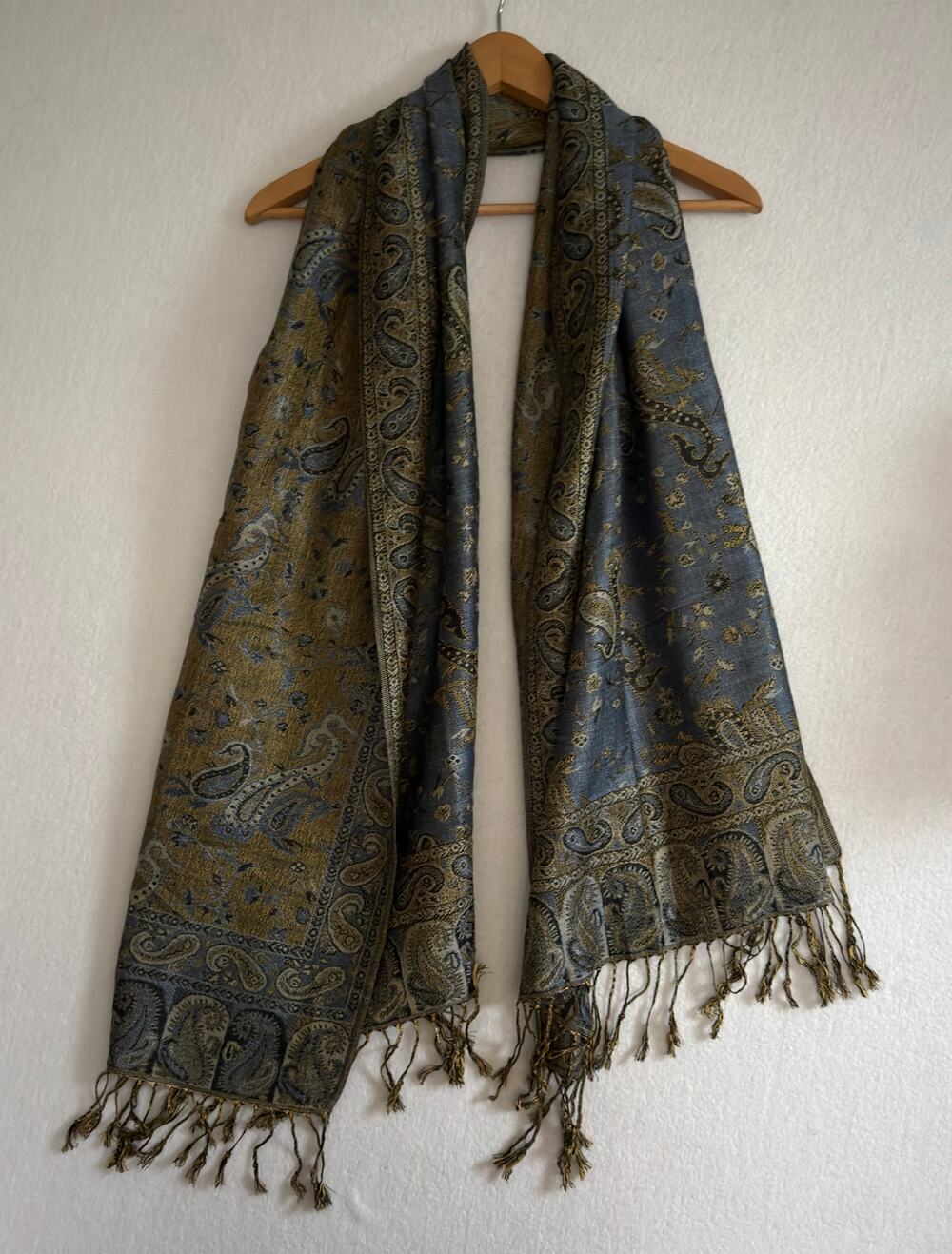 Sakkas Pashmina Scarf Wrap Shawl Paisley Jacquard Blue Gold Boho Fringe